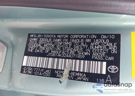 2010 Toyota Yaris from USA, damaged, VIN JTDBT4K32A4077459